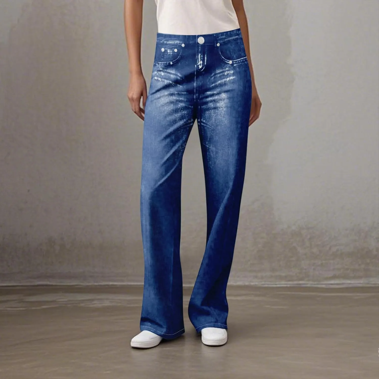 GOFULY French Terry Sweatpants That Look Like Jeans,Denim Print Wide Leg Pants Stretchy Elastic Waisted Sweatpants Casual