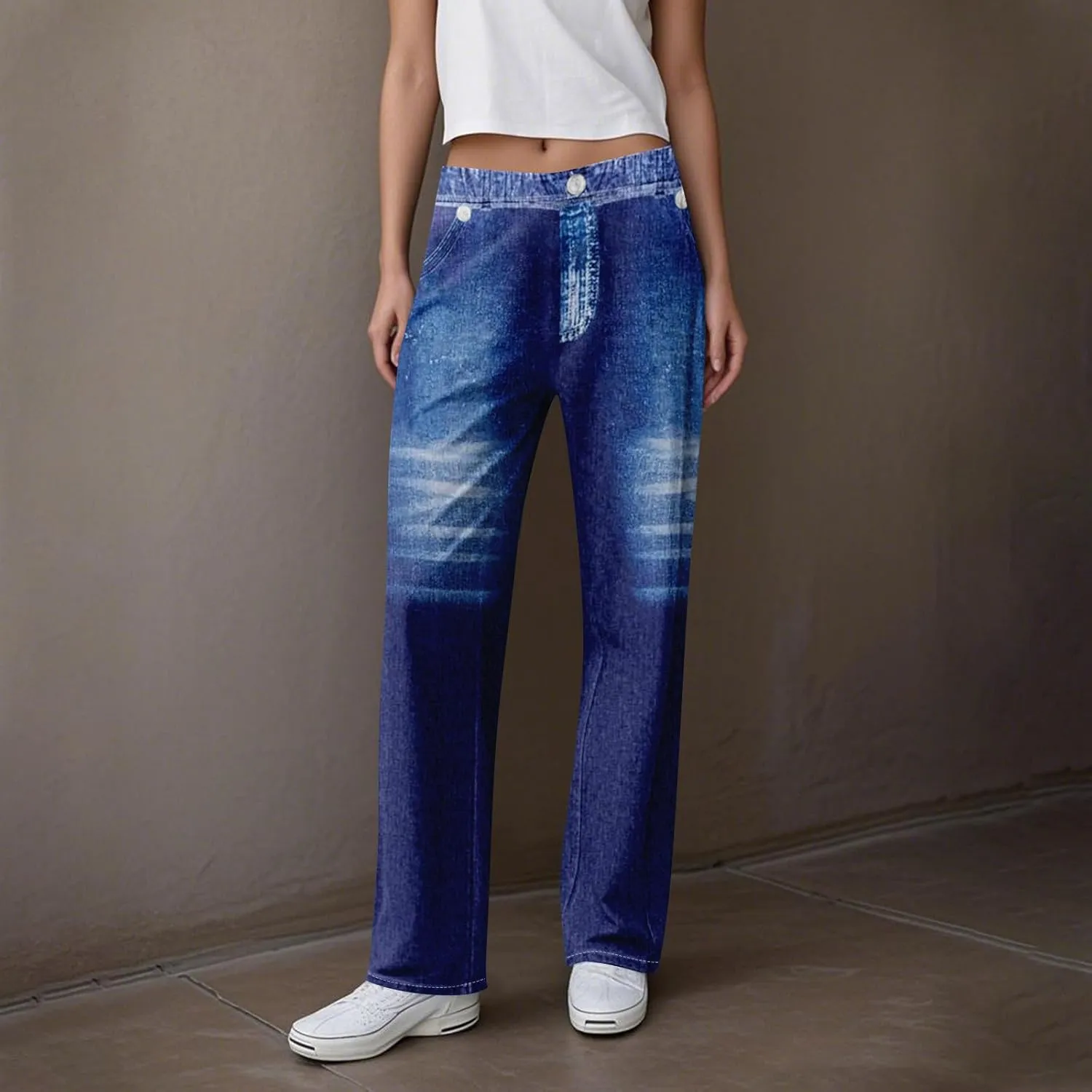 GOFULY French Terry Sweatpants That Look Like Jeans,Denim Print Wide Leg Pants Stretchy Elastic Waisted Sweatpants Casual