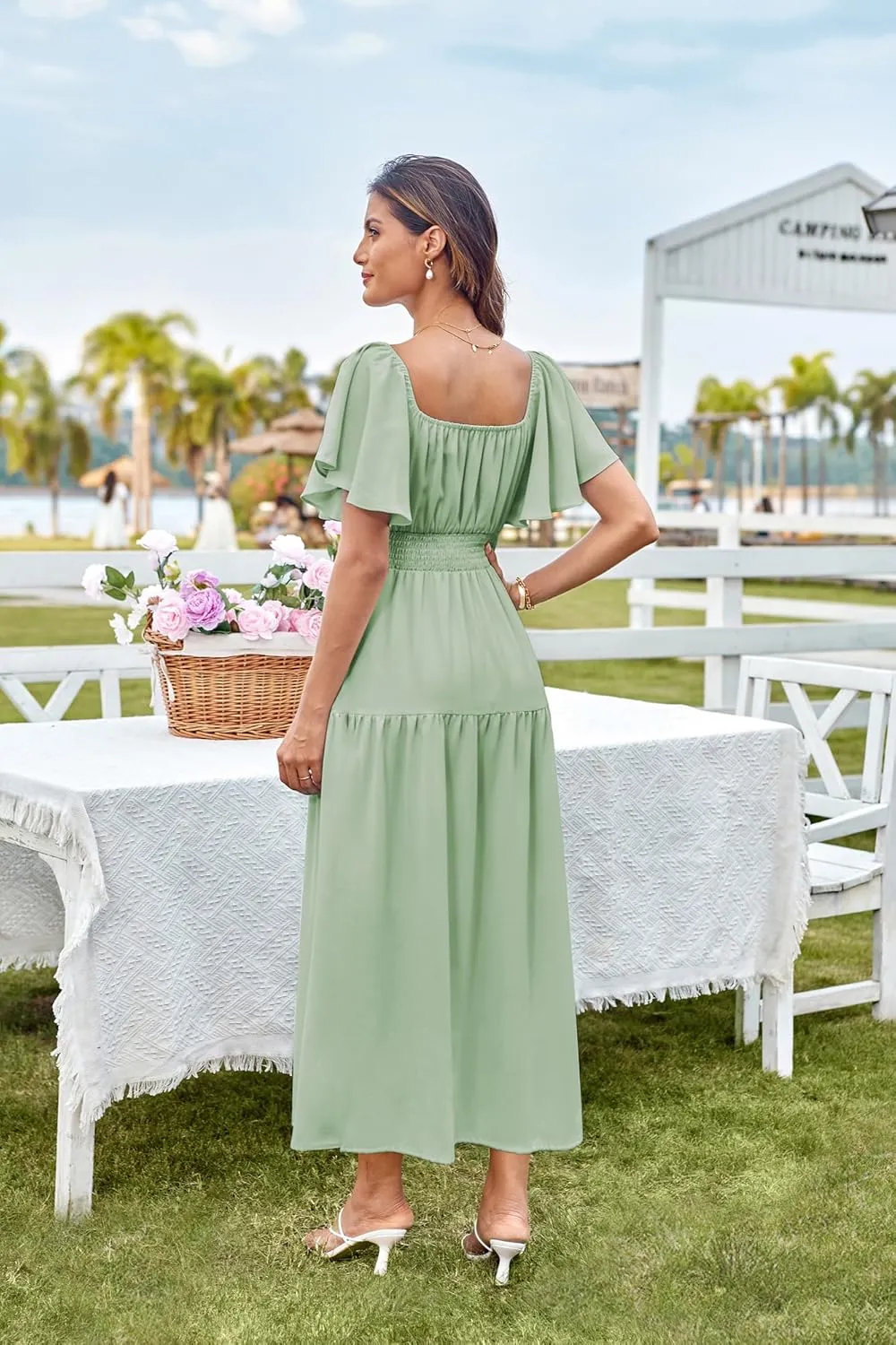 GRACE KARIN Women's Summer Short Sleeve Square Neck Smocked Waist Casual Vacation Tiered Flowy Maxi Dress