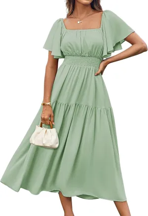 GRACE KARIN Women's Summer Short Sleeve Square Neck Smocked Waist Casual Vacation Tiered Flowy Maxi Dress
