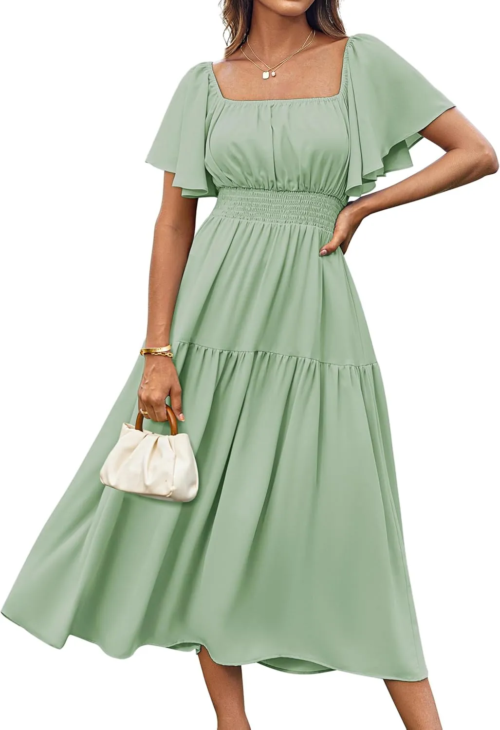 GRACE KARIN Women's Summer Short Sleeve Square Neck Smocked Waist Casual Vacation Tiered Flowy Maxi Dress
