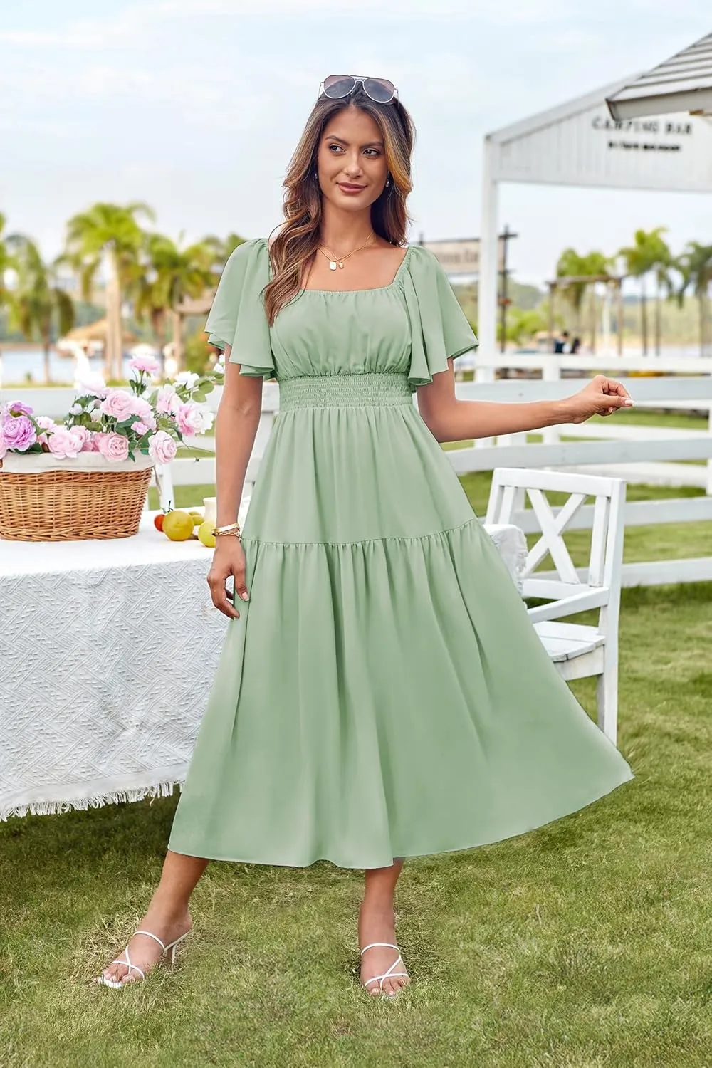 GRACE KARIN Women's Summer Short Sleeve Square Neck Smocked Waist Casual Vacation Tiered Flowy Maxi Dress
