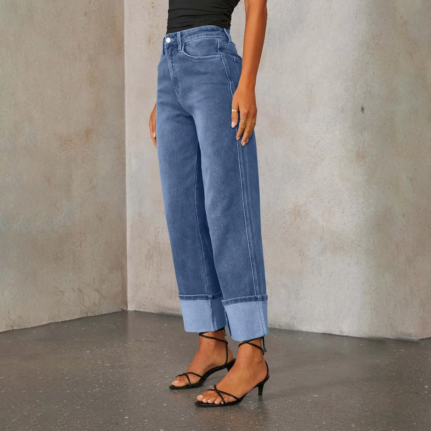 High Waisted Jeans for Women Stretchy Cuffed Wide Leg Denim Pants with Pockets Baggy Straight Leg Sweatpant Jeans
