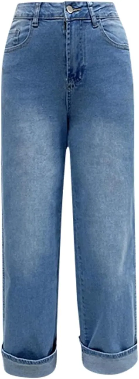 High Waisted Jeans for Women Stretchy Cuffed Wide Leg Denim Pants with Pockets Baggy Straight Leg Sweatpant Jeans