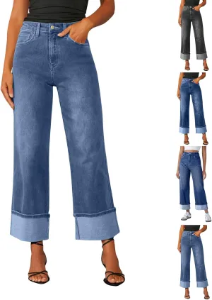 High Waisted Jeans for Women Stretchy Cuffed Wide Leg Denim Pants with Pockets Baggy Straight Leg Sweatpant Jeans