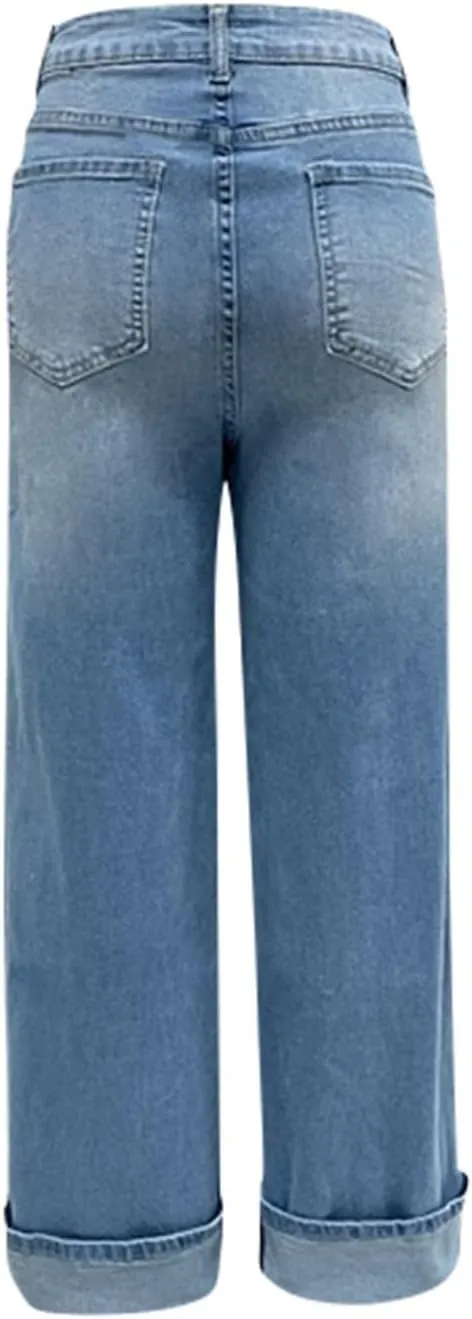 High Waisted Jeans for Women Stretchy Cuffed Wide Leg Denim Pants with Pockets Baggy Straight Leg Sweatpant Jeans