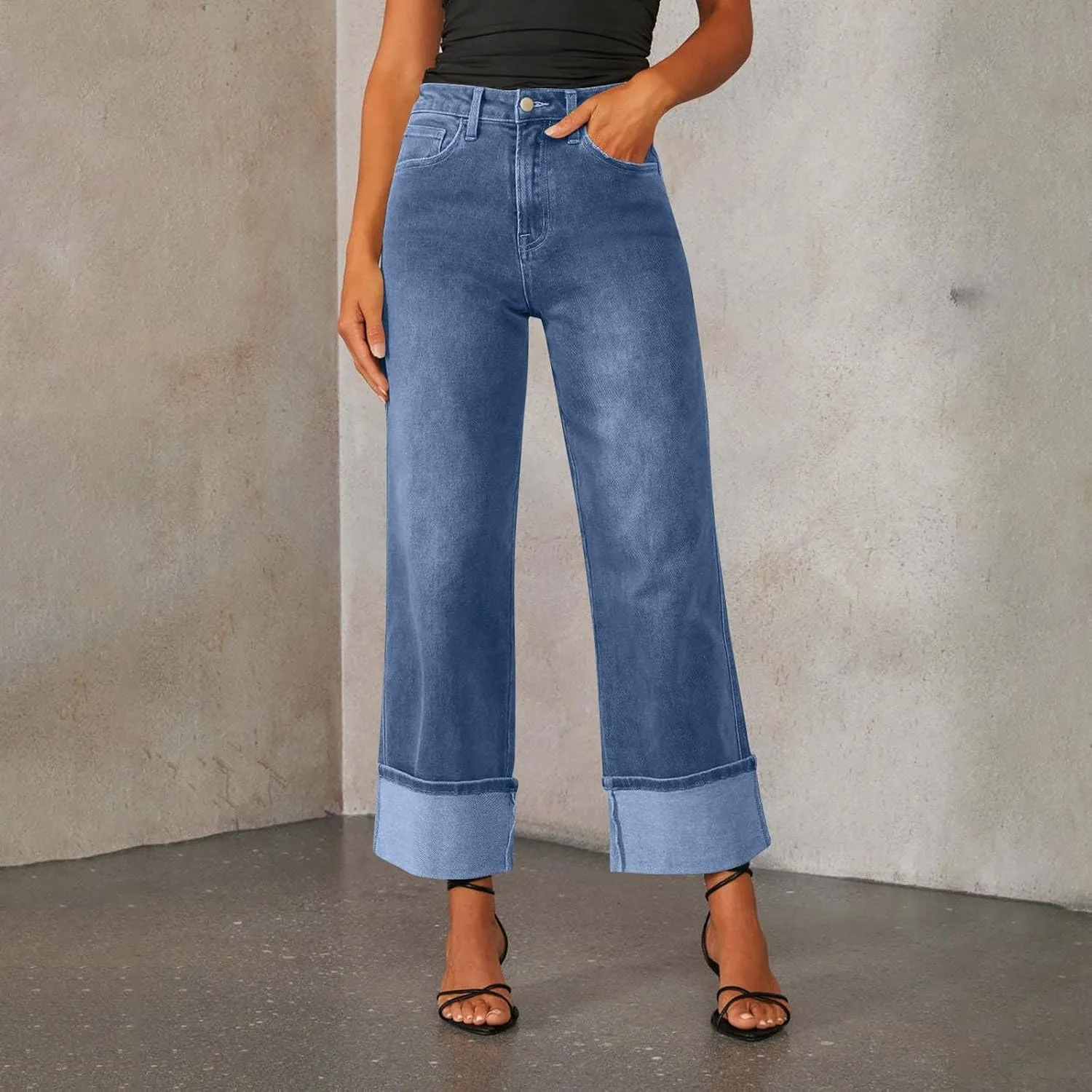 High Waisted Jeans for Women Stretchy Cuffed Wide Leg Denim Pants with Pockets Baggy Straight Leg Sweatpant Jeans