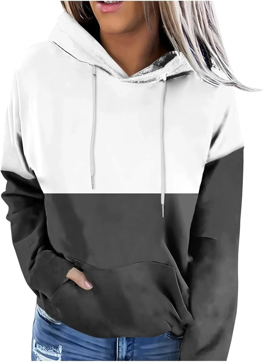 Hoodies for Women Casual Long Sleeve Color Block Tops Oversized Sweatshirts Cute Loose Fitted Pullover with Pockets