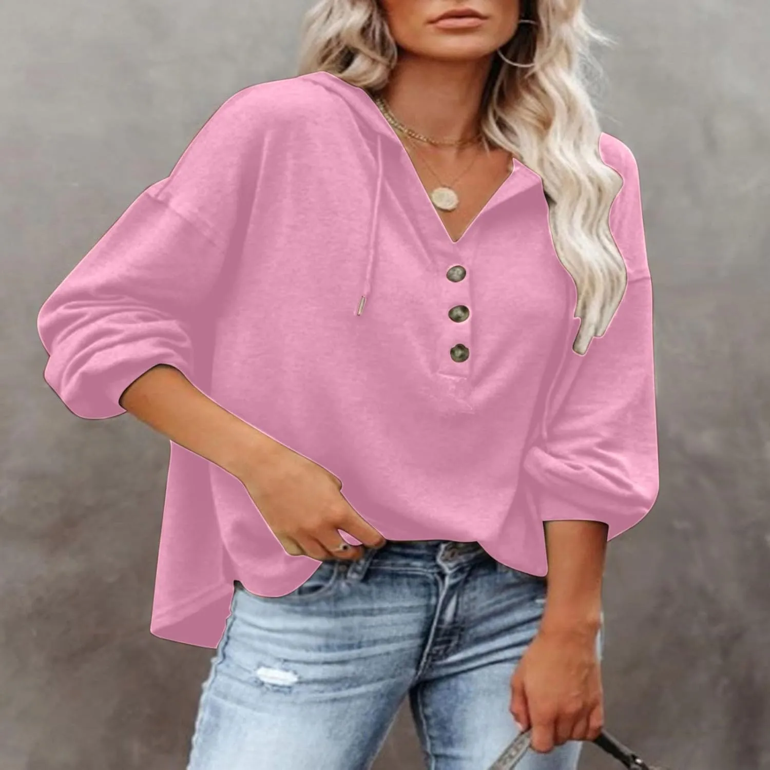 Hoodies for Women Drawstring Button V Neck Long Sleeve Casual Pullover Sweatshirt Hooded Office Work Fall Tops 2024