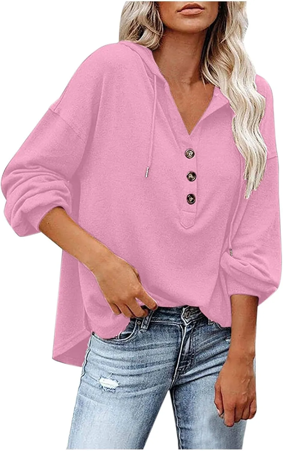 Hoodies for Women Drawstring Button V Neck Long Sleeve Casual Pullover Sweatshirt Hooded Office Work Fall Tops 2024