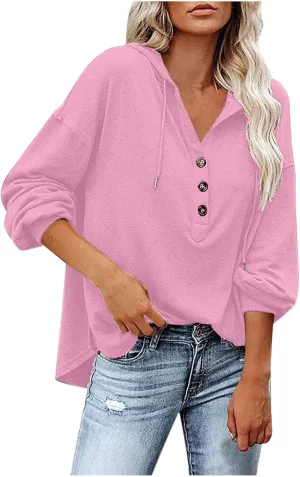 Hoodies for Women Drawstring Button V Neck Long Sleeve Casual Pullover Sweatshirt Hooded Office Work Fall Tops 2024