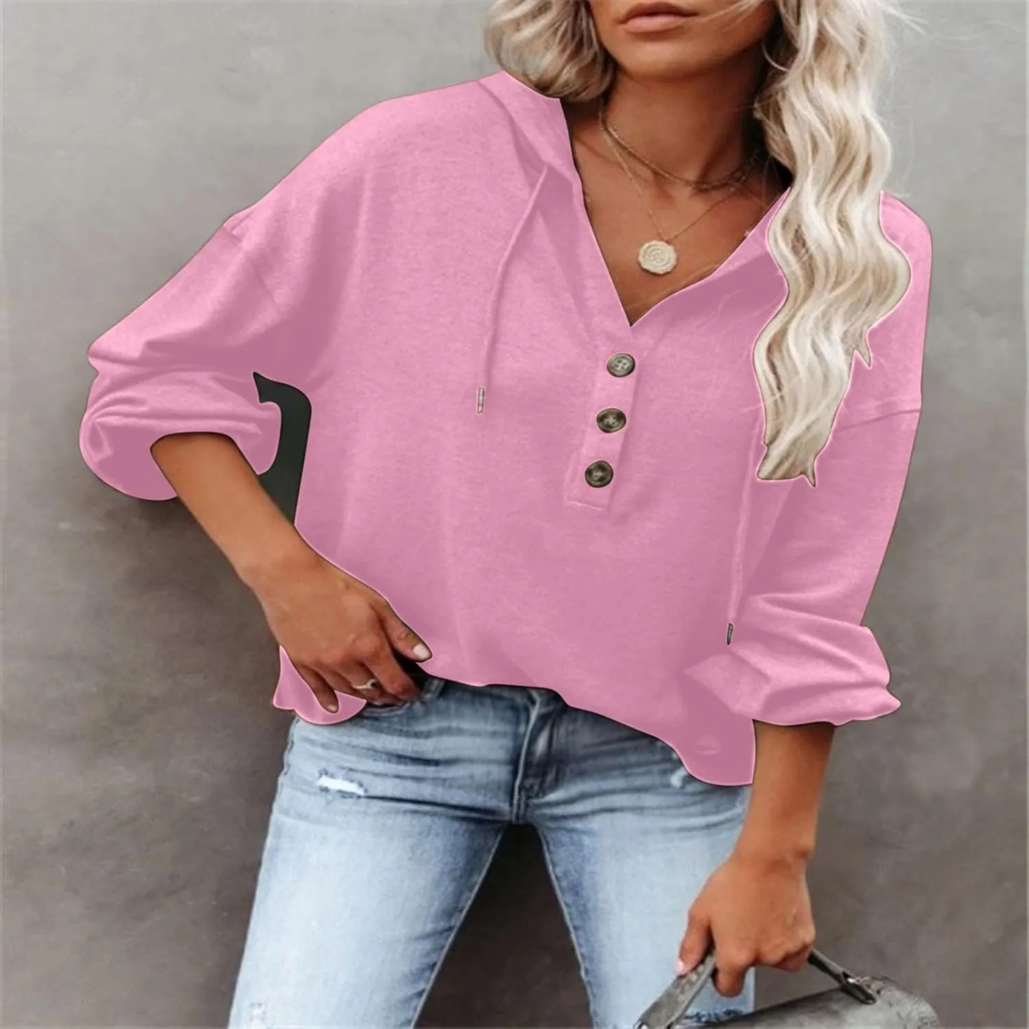 Hoodies for Women Drawstring Button V Neck Long Sleeve Casual Pullover Sweatshirt Hooded Office Work Fall Tops 2024