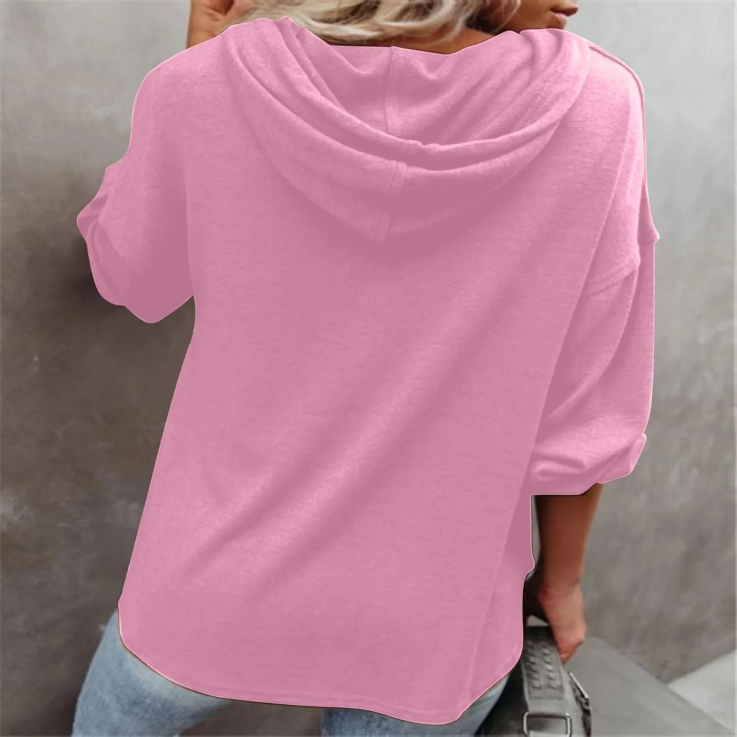Hoodies for Women Drawstring Button V Neck Long Sleeve Casual Pullover Sweatshirt Hooded Office Work Fall Tops 2024