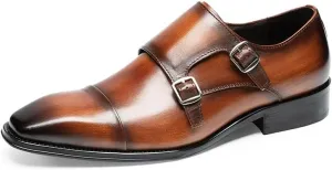 HOOENG Shoes Dress Oxford for Men Slip On Square Burnished Toe Double Monk Strap Cap Toe Genuine Leather Slip Resistant Low Top Rubber Sole Casual (Color : Yellow Brown, Size : 8.5)