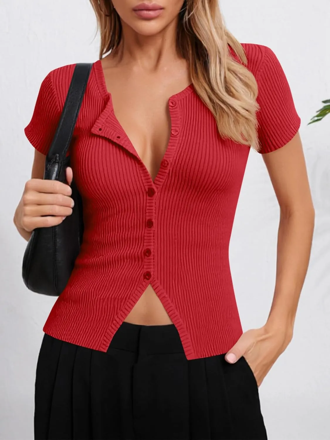 Imily Bela Womens Short Sleeve Sweater Tops Summer Button Down Casual Ribbed Knit Slim Fit Cropped Cardigan Shirts