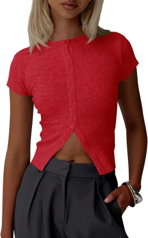 Imily Bela Womens Short Sleeve Sweater Tops Summer Button Down Casual Ribbed Knit Slim Fit Cropped Cardigan Shirts