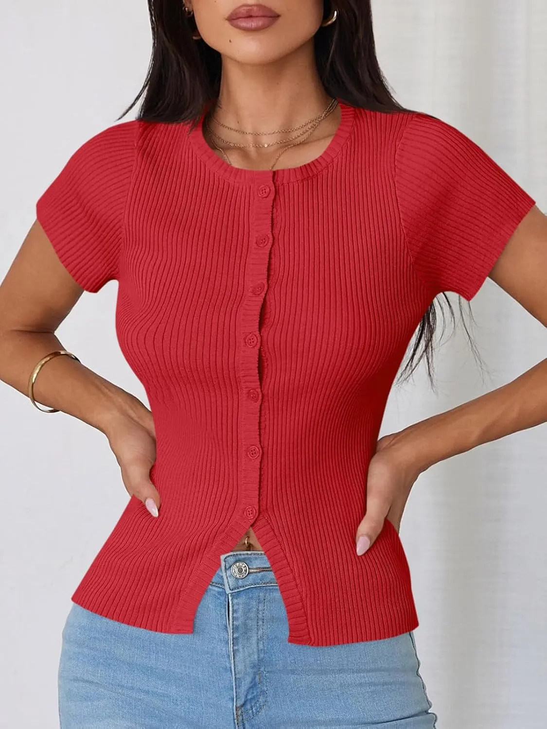 Imily Bela Womens Short Sleeve Sweater Tops Summer Button Down Casual Ribbed Knit Slim Fit Cropped Cardigan Shirts