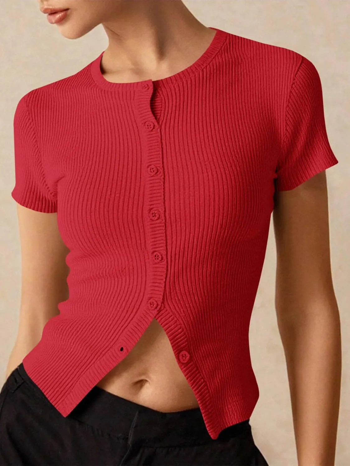 Imily Bela Womens Short Sleeve Sweater Tops Summer Button Down Casual Ribbed Knit Slim Fit Cropped Cardigan Shirts