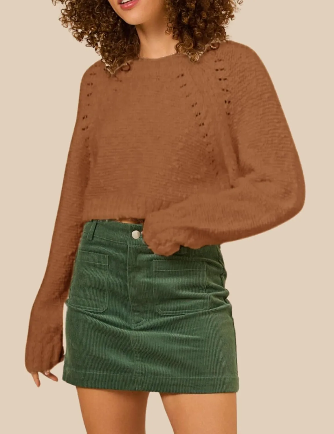 InterNos Women's Open Tie Back Pullover Sweater Popcorn Crew Neck Backless Bow Tie Knitted Crop Tops