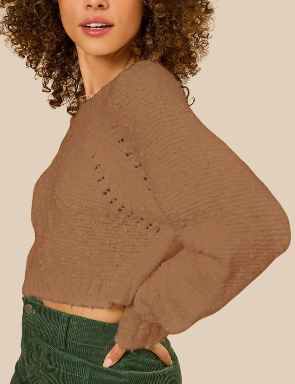 InterNos Women's Open Tie Back Pullover Sweater Popcorn Crew Neck Backless Bow Tie Knitted Crop Tops