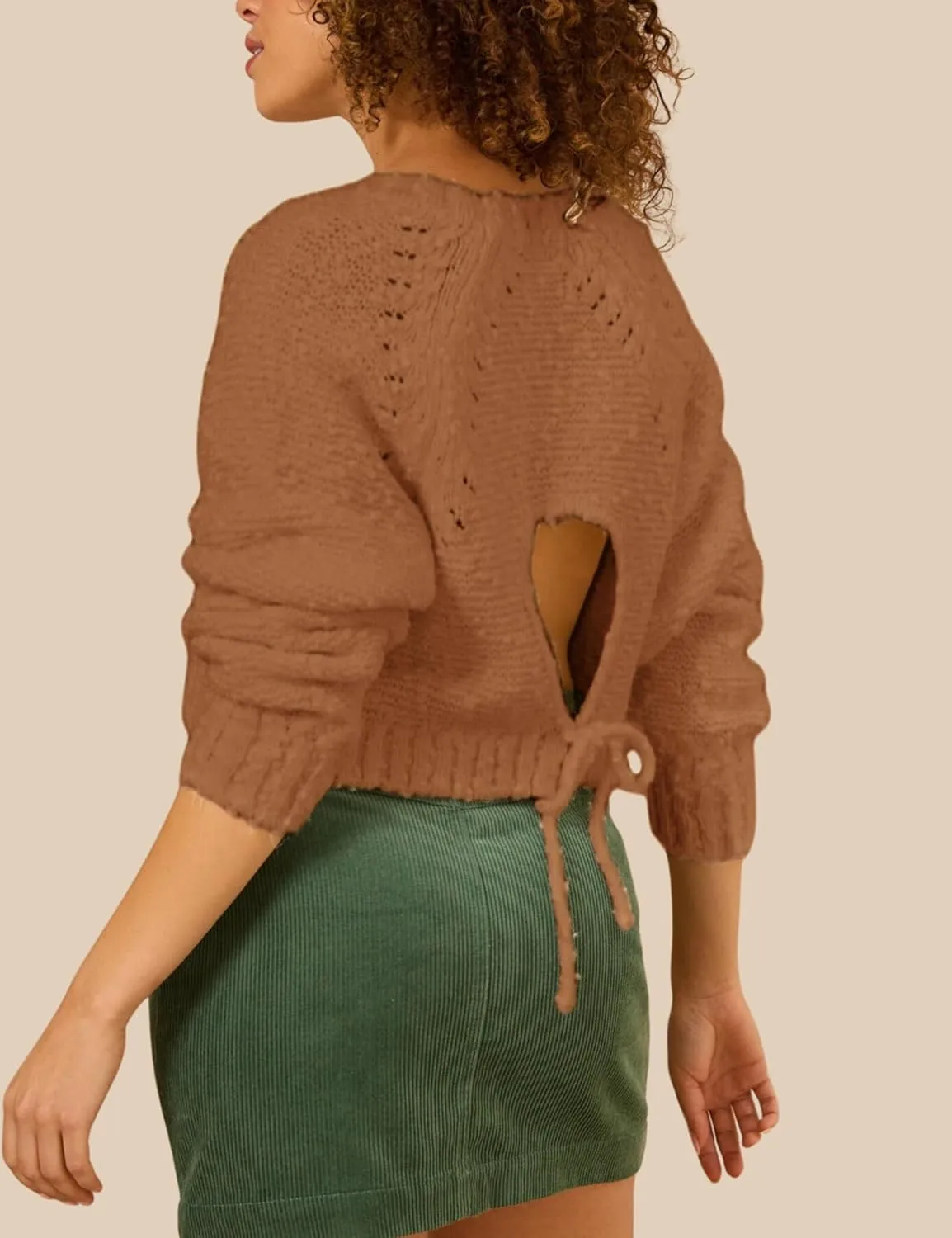InterNos Women's Open Tie Back Pullover Sweater Popcorn Crew Neck Backless Bow Tie Knitted Crop Tops