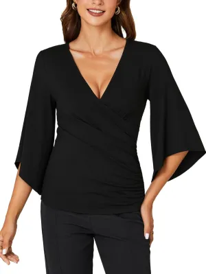 KIFOVEN Womens 3/4 Bell Sleeve Tee Shirt Deep V Neck Wrap Ruched Slim Fit T Shirt Blouse Top