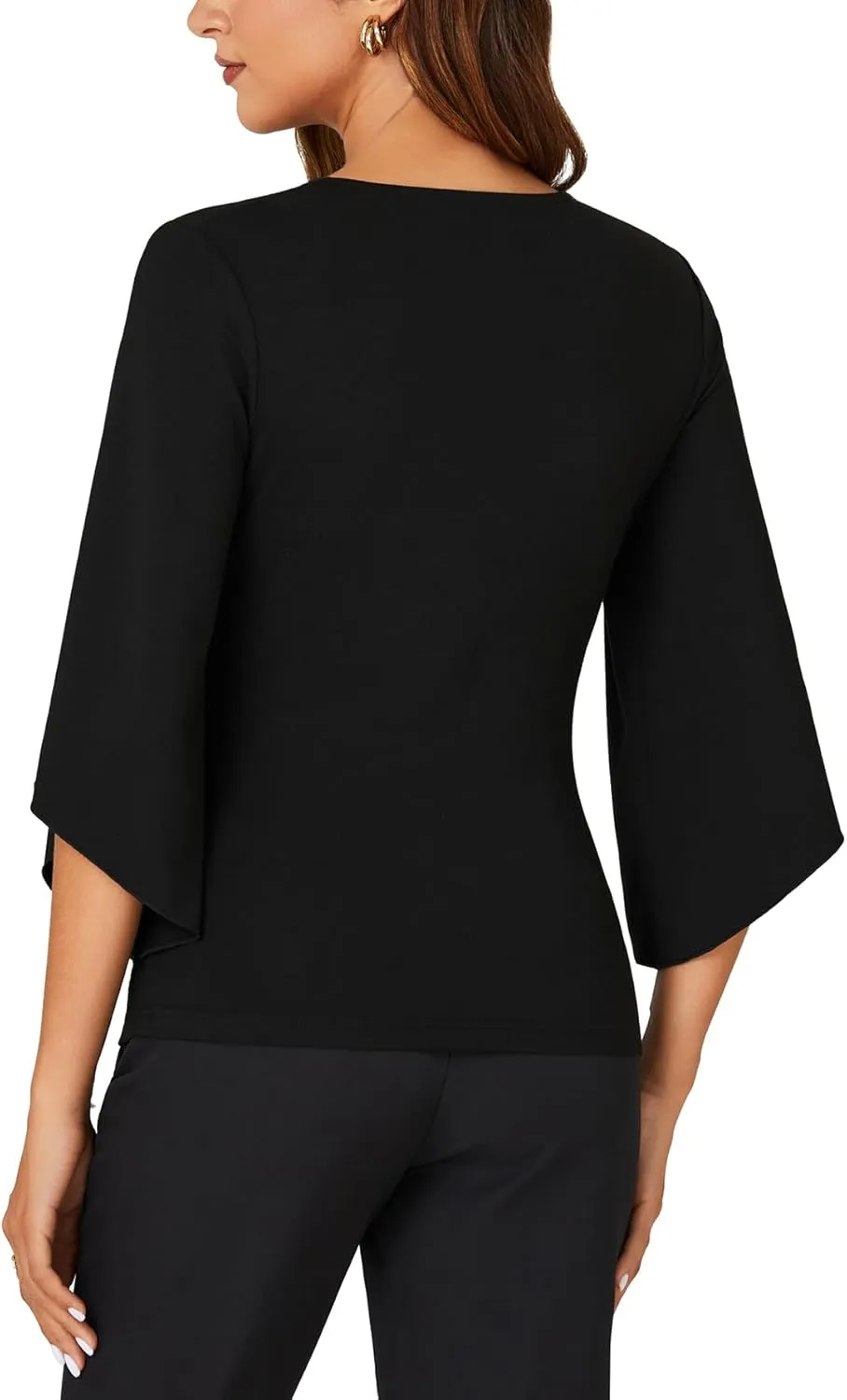 KIFOVEN Womens 3/4 Bell Sleeve Tee Shirt Deep V Neck Wrap Ruched Slim Fit T Shirt Blouse Top