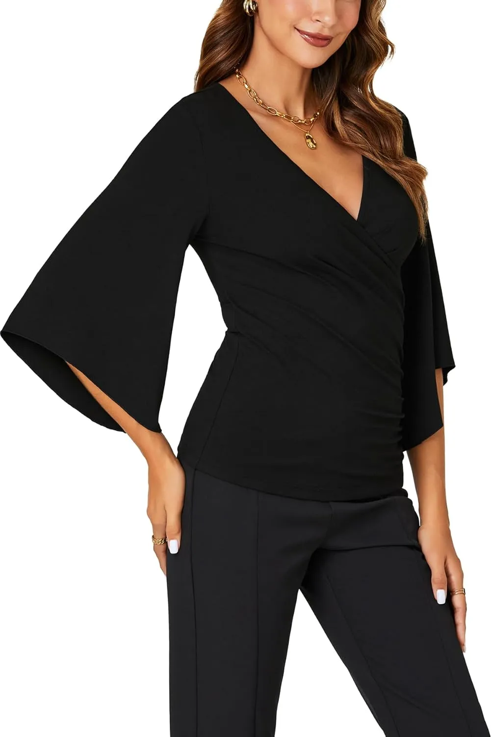KIFOVEN Womens 3/4 Bell Sleeve Tee Shirt Deep V Neck Wrap Ruched Slim Fit T Shirt Blouse Top
