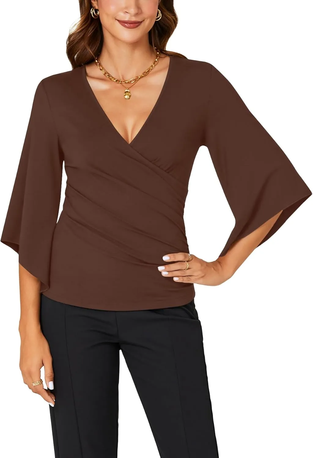 KIFOVEN Womens 3/4 Bell Sleeve Tee Shirt Deep V Neck Wrap Ruched Slim Fit T Shirt Blouse Top