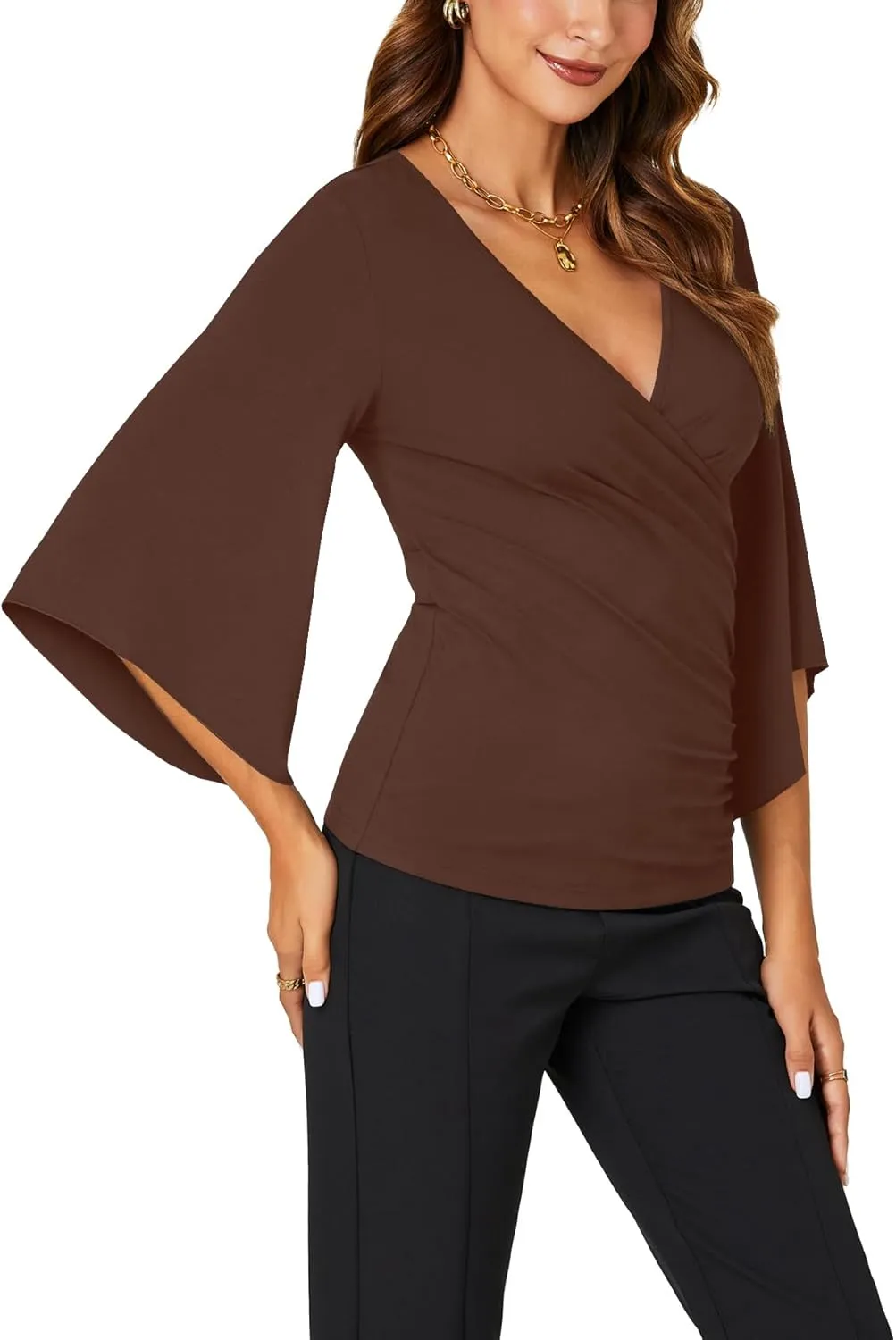 KIFOVEN Womens 3/4 Bell Sleeve Tee Shirt Deep V Neck Wrap Ruched Slim Fit T Shirt Blouse Top