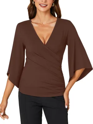 KIFOVEN Womens 3/4 Bell Sleeve Tee Shirt Deep V Neck Wrap Ruched Slim Fit T Shirt Blouse Top