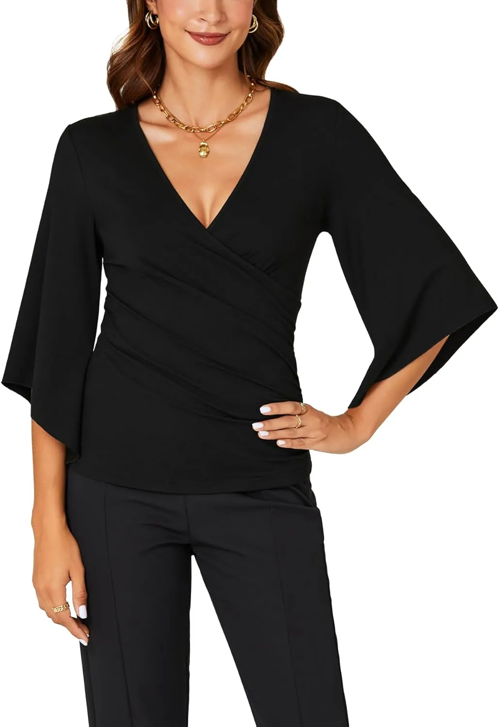 KIFOVEN Womens 3/4 Bell Sleeve Tee Shirt Deep V Neck Wrap Ruched Slim Fit T Shirt Blouse Top