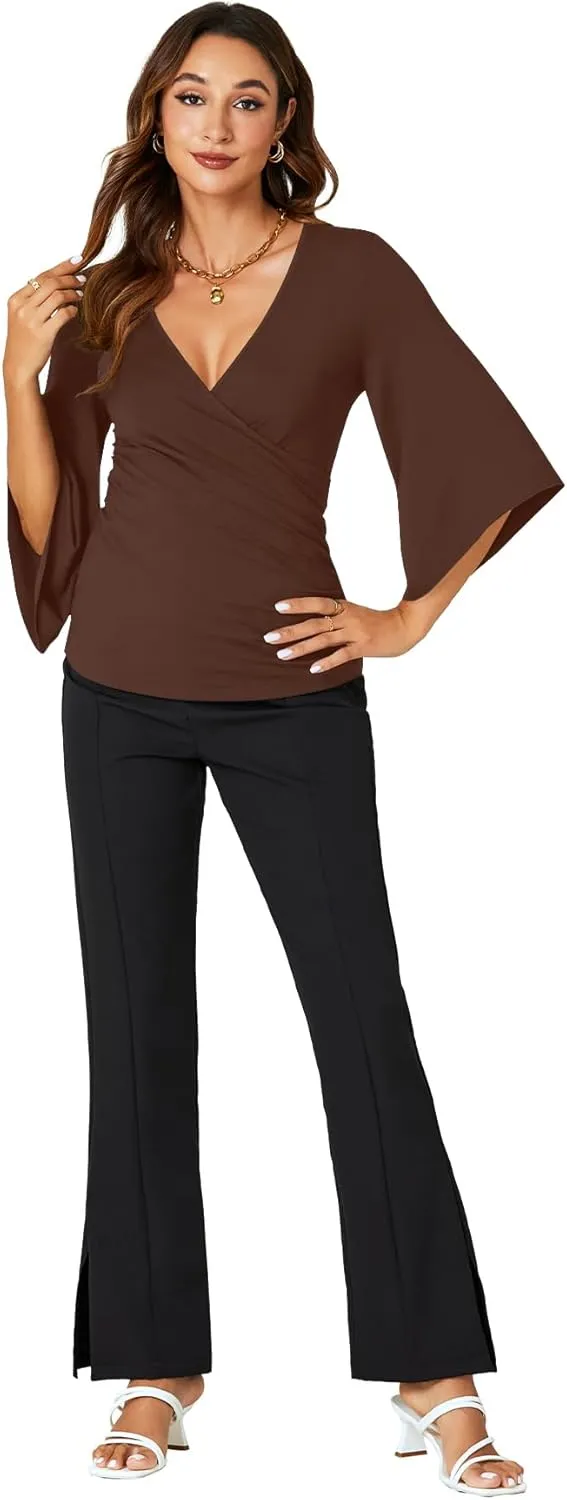 KIFOVEN Womens 3/4 Bell Sleeve Tee Shirt Deep V Neck Wrap Ruched Slim Fit T Shirt Blouse Top