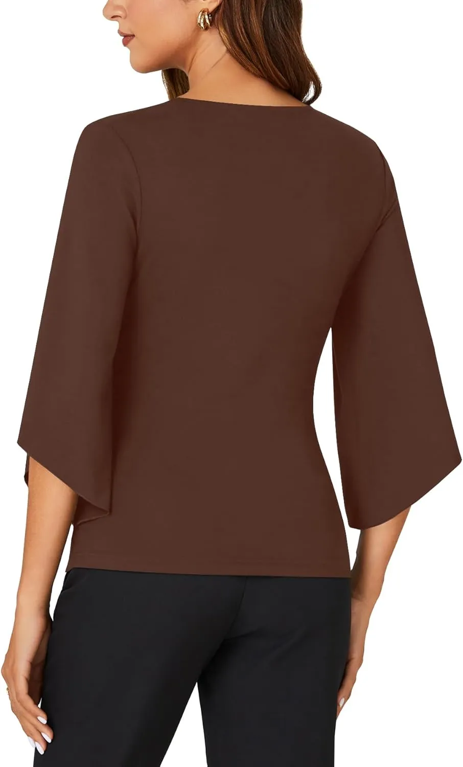 KIFOVEN Womens 3/4 Bell Sleeve Tee Shirt Deep V Neck Wrap Ruched Slim Fit T Shirt Blouse Top