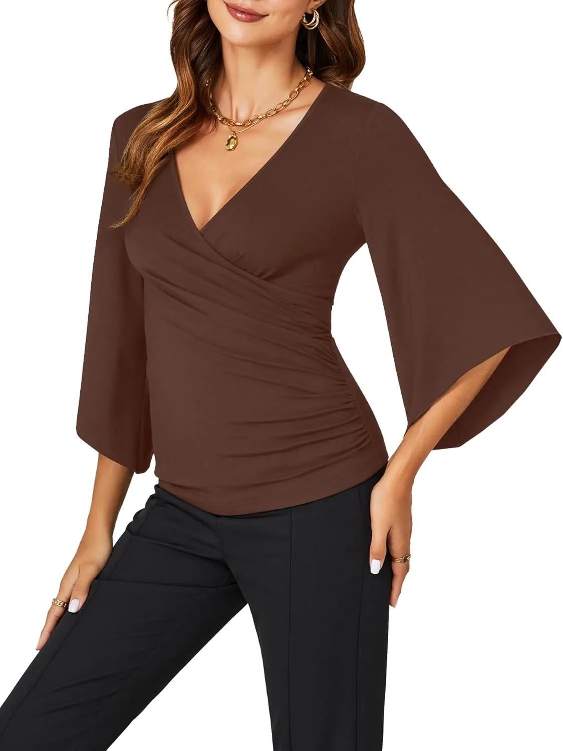 KIFOVEN Womens 3/4 Bell Sleeve Tee Shirt Deep V Neck Wrap Ruched Slim Fit T Shirt Blouse Top