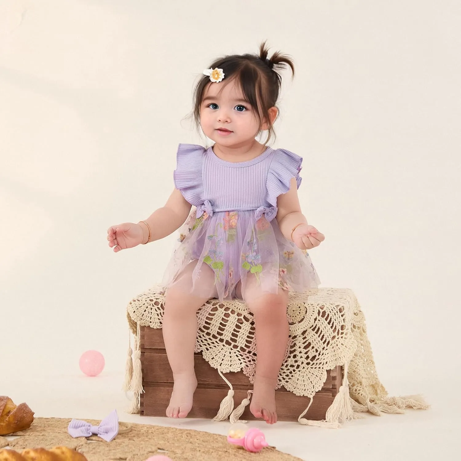 Lace Tulle Romper Dress Baby Girl Floral Embroidered Dress Solid Ribbed Bodysuit Ruffle Sleeveless Jumpsuit Headband