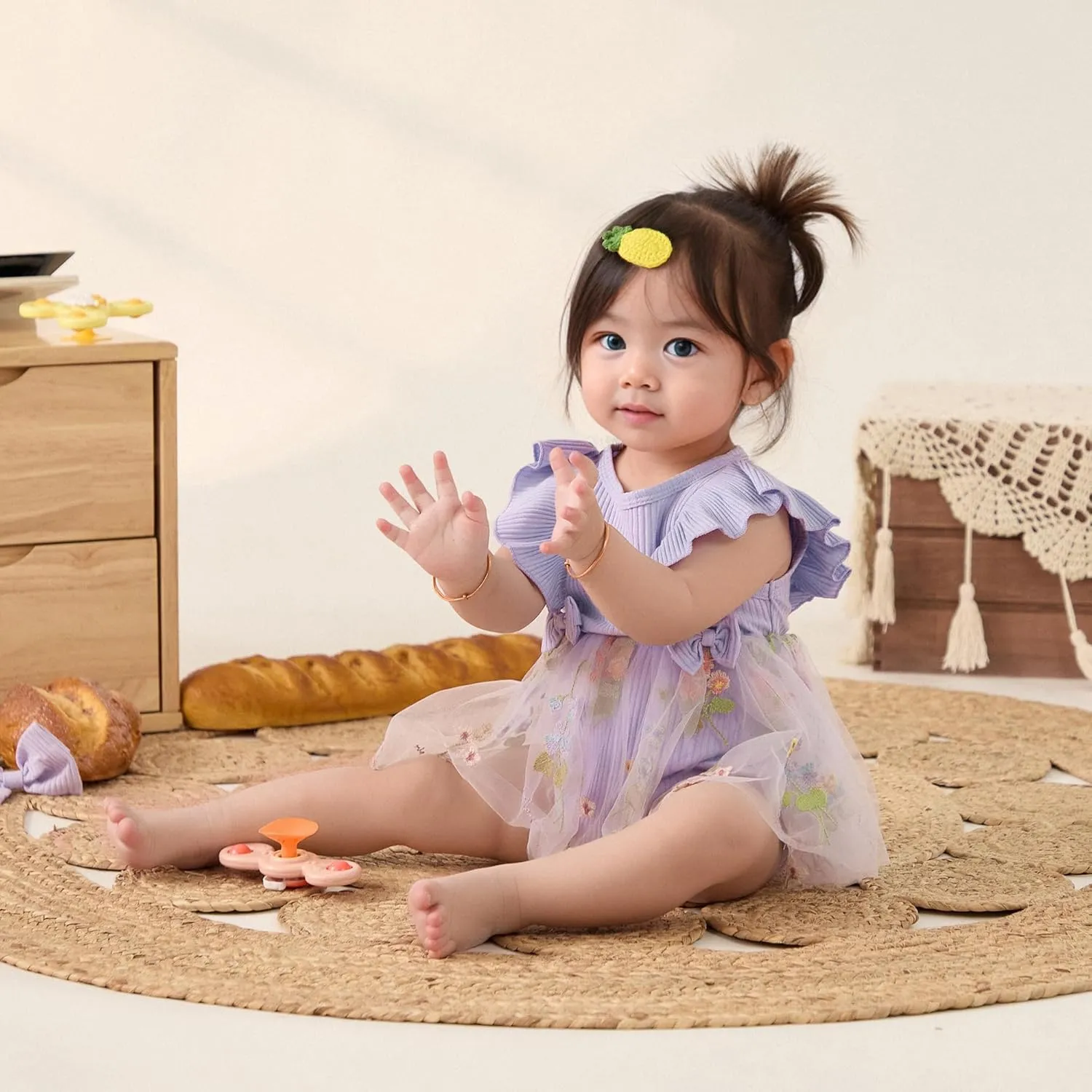Lace Tulle Romper Dress Baby Girl Floral Embroidered Dress Solid Ribbed Bodysuit Ruffle Sleeveless Jumpsuit Headband