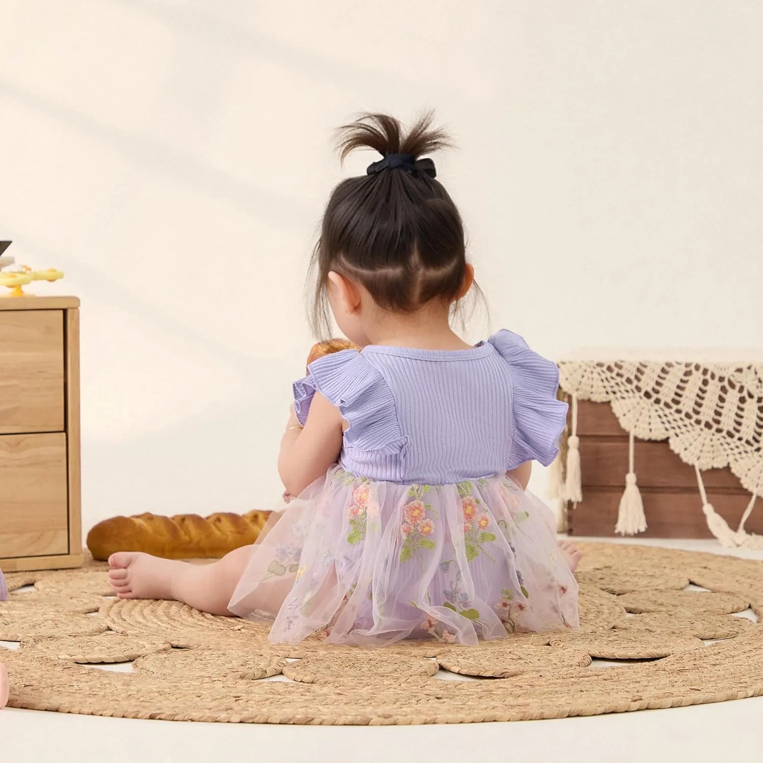 Lace Tulle Romper Dress Baby Girl Floral Embroidered Dress Solid Ribbed Bodysuit Ruffle Sleeveless Jumpsuit Headband