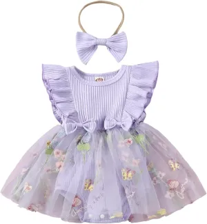 Lace Tulle Romper Dress Baby Girl Floral Embroidered Dress Solid Ribbed Bodysuit Ruffle Sleeveless Jumpsuit Headband