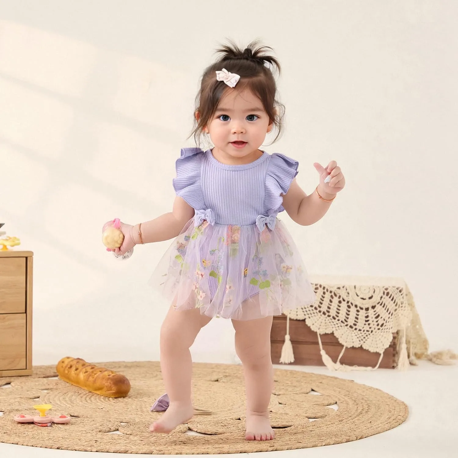 Lace Tulle Romper Dress Baby Girl Floral Embroidered Dress Solid Ribbed Bodysuit Ruffle Sleeveless Jumpsuit Headband