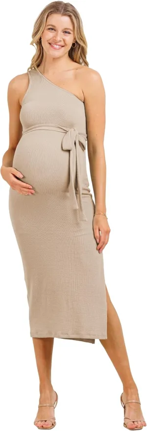 LaClef Womens One Shoulder Side Slit Tie Waist Maternity Dress