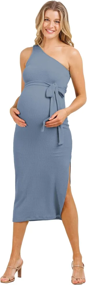 LaClef Womens One Shoulder Side Slit Tie Waist Maternity Dress