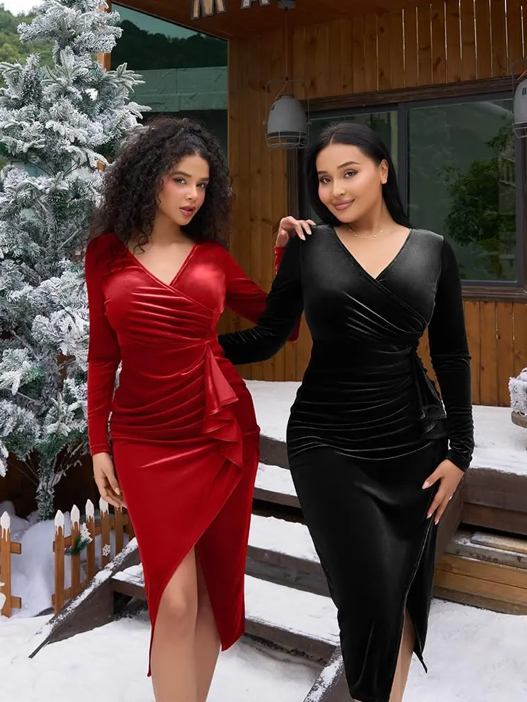 LAGSHIAN Women's Elegant Velvet Long Sleeve V Neck Bodycon Ruched Ruffle Split Cocktail Midi Dress