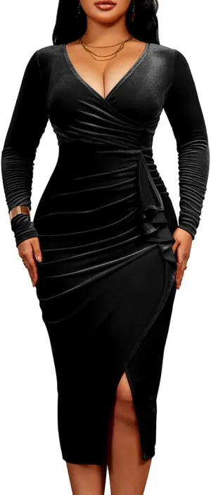 LAGSHIAN Women's Elegant Velvet Long Sleeve V Neck Bodycon Ruched Ruffle Split Cocktail Midi Dress