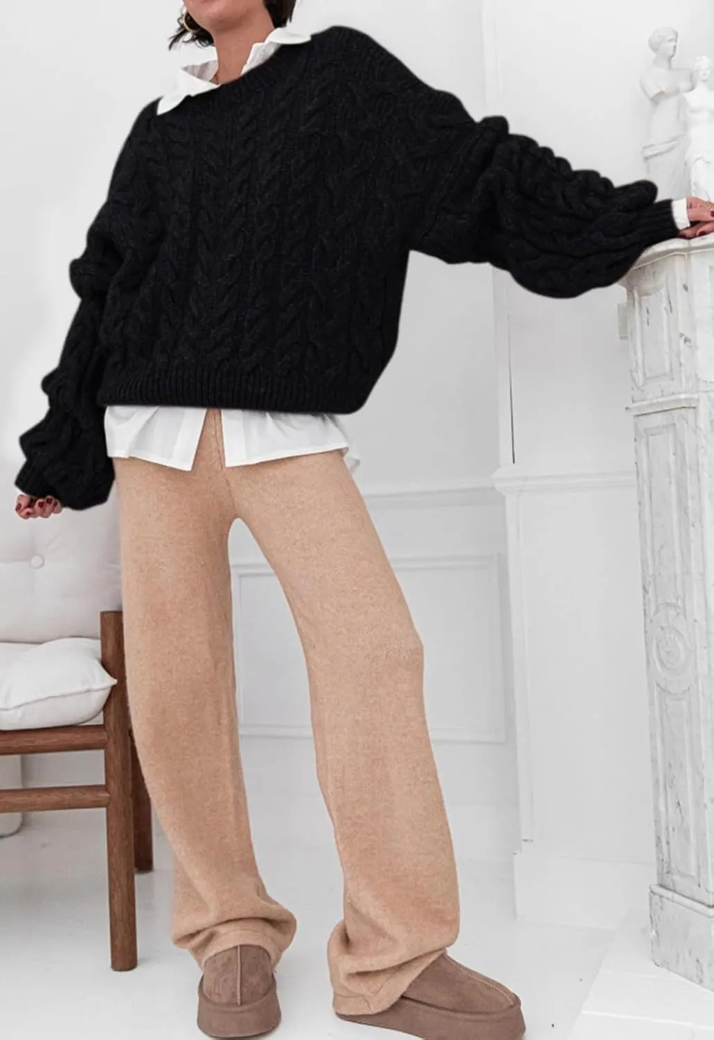 LAVASEON Womens Oversized Cable Knit Sweaters Crewneck Long Sleeve Casual Chunky Pullover Sweater Loose Outfits