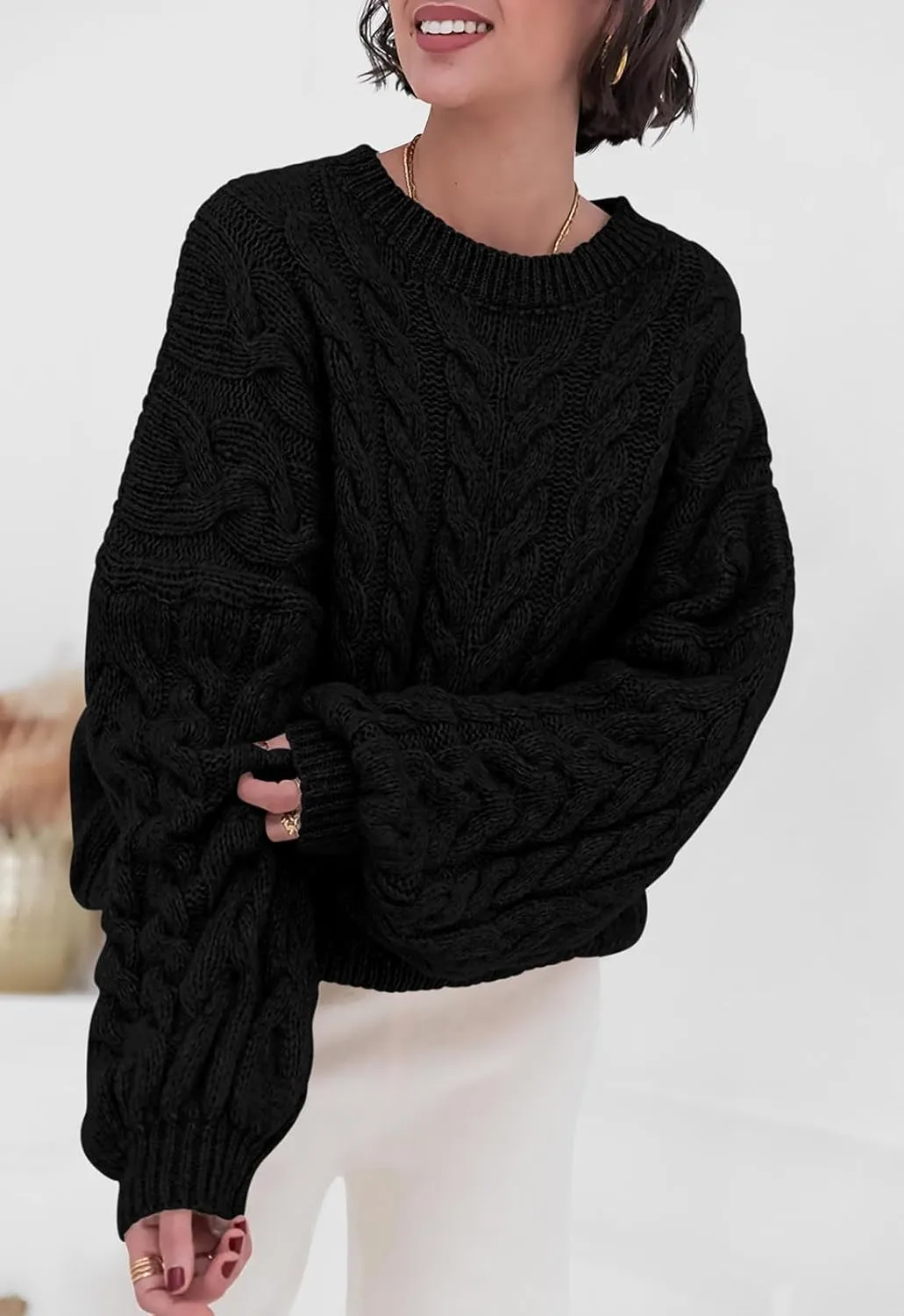 LAVASEON Womens Oversized Cable Knit Sweaters Crewneck Long Sleeve Casual Chunky Pullover Sweater Loose Outfits