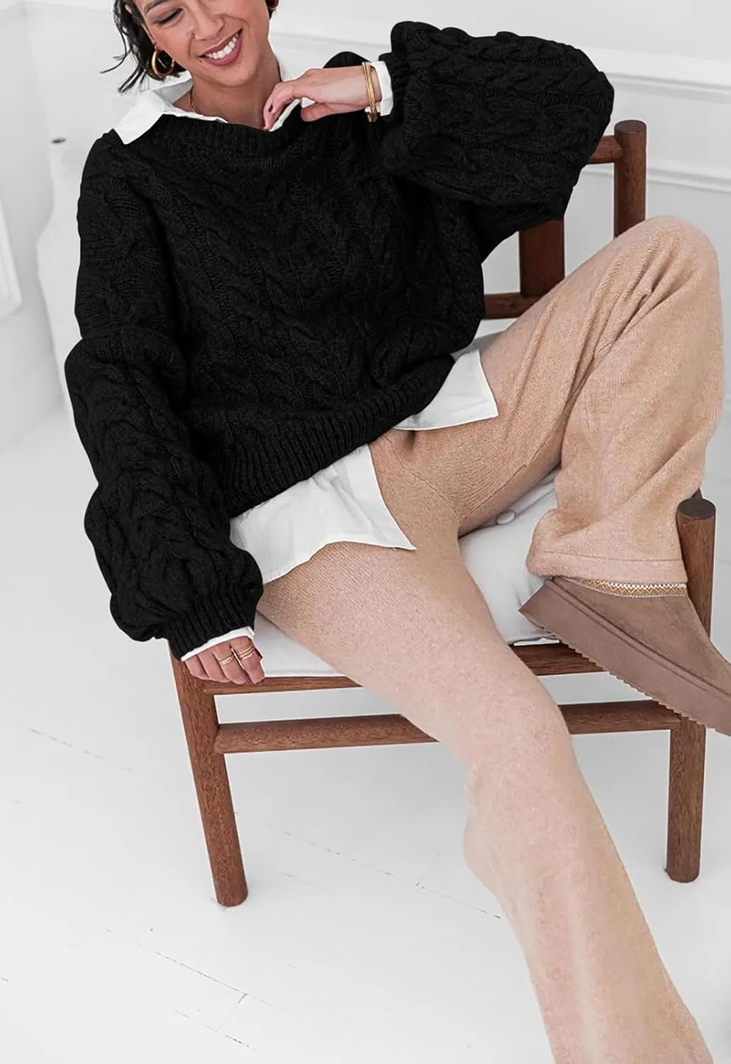 LAVASEON Womens Oversized Cable Knit Sweaters Crewneck Long Sleeve Casual Chunky Pullover Sweater Loose Outfits