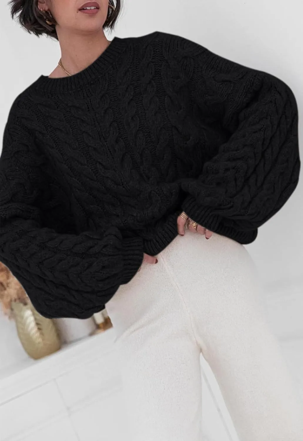 LAVASEON Womens Oversized Cable Knit Sweaters Crewneck Long Sleeve Casual Chunky Pullover Sweater Loose Outfits
