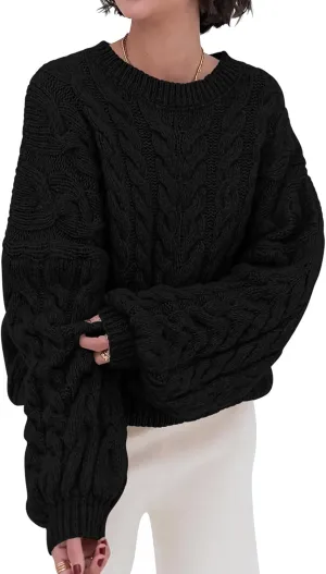 LAVASEON Womens Oversized Cable Knit Sweaters Crewneck Long Sleeve Casual Chunky Pullover Sweater Loose Outfits