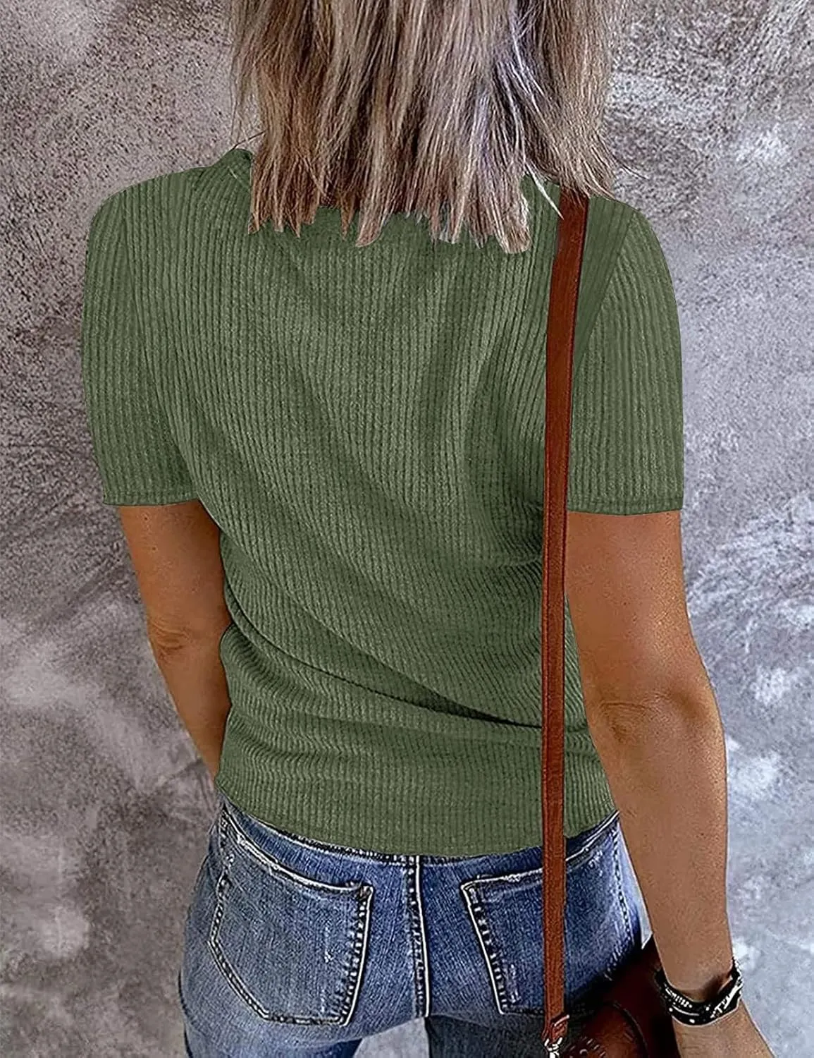 LEANI Women's Summer Short Sleeve V Neck Ribbed Knit T Shirts Button Henley Solid Color Tops